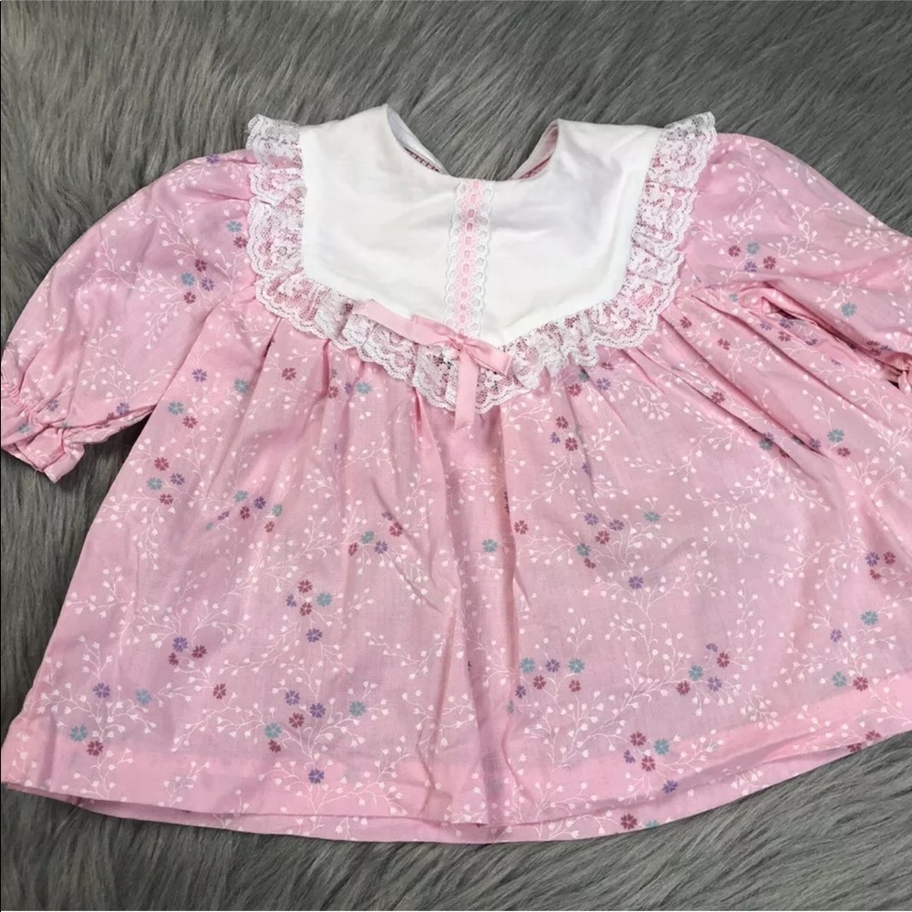 Vintage Baby Girls Pink White Floral Lace Dress